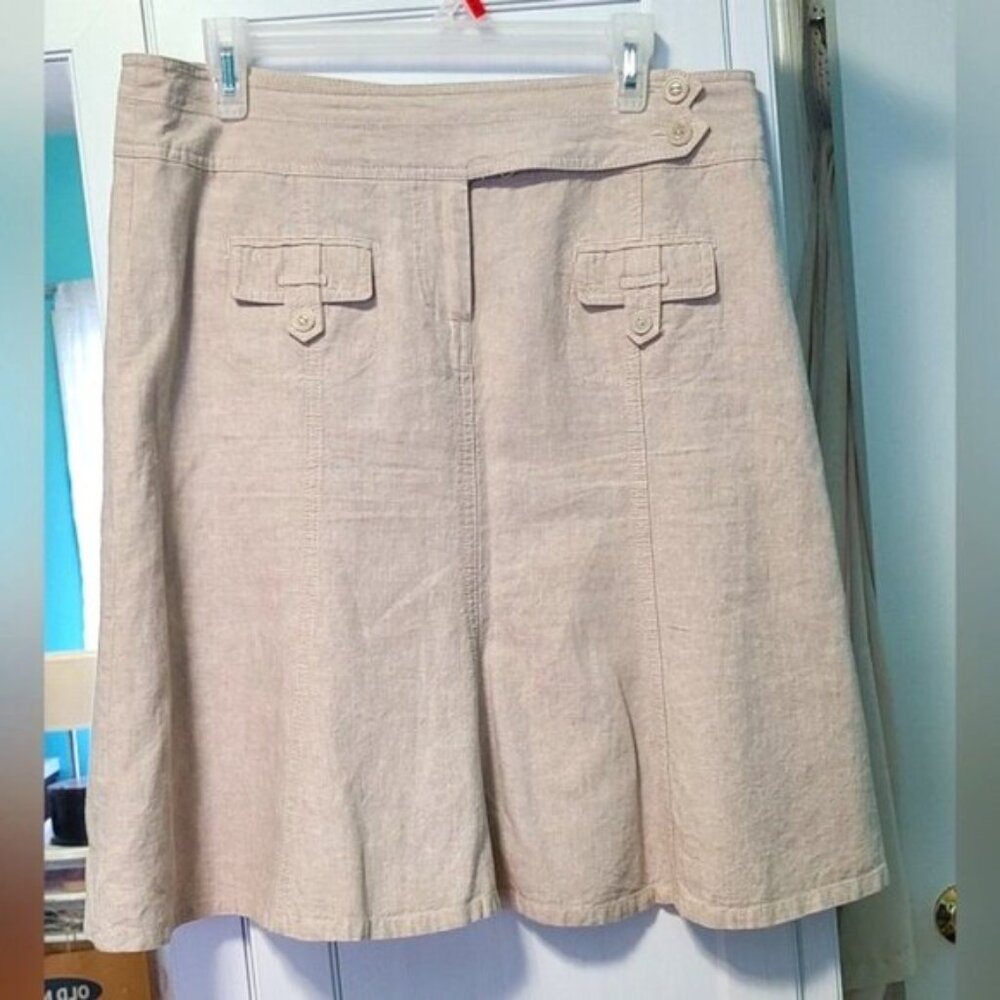 Reitmans Women Linen Beige Cream Taupe Khaki A-Line Lined Midi Summer Skirt - Picture 2 of 8